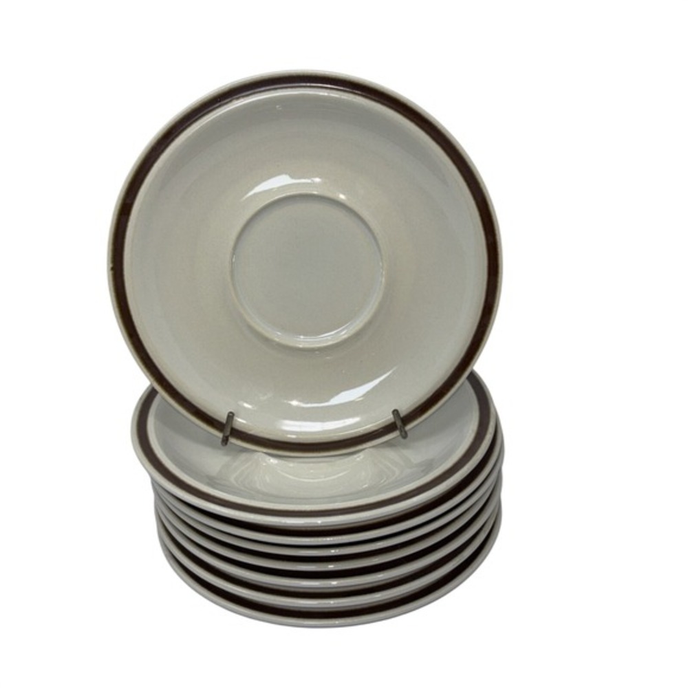 National Silver Stoneware Saucers Set of 8 Japan Brown‎ Rim Beige Mid Century